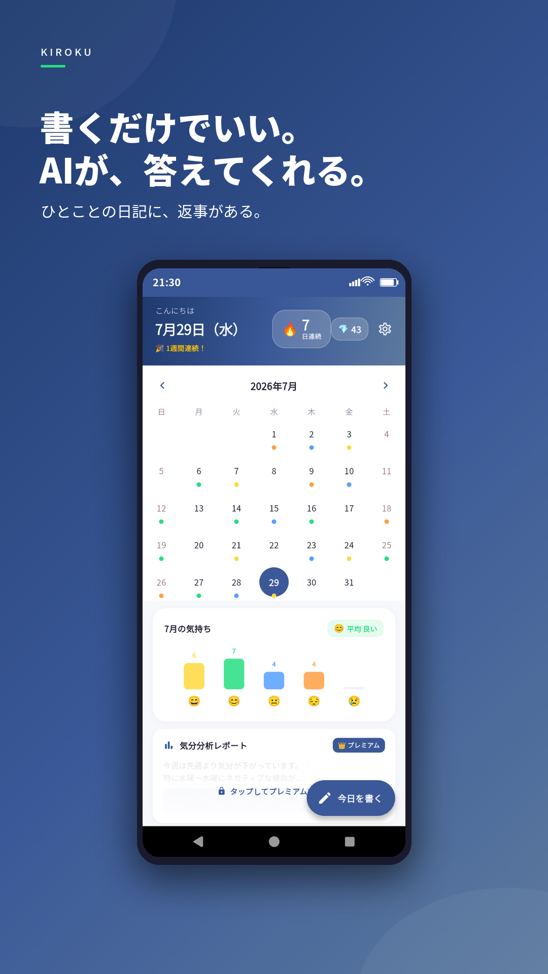 Kirokuのストア掲載画像。カレンダーに気分の色が並び、月の気持ちのグラフが表示されている